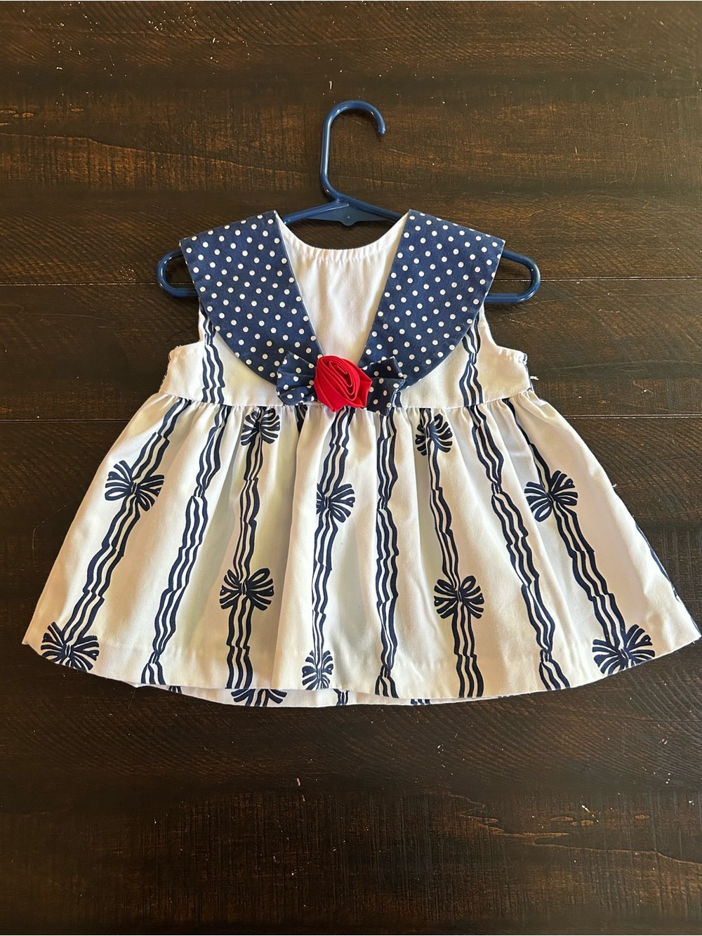 Vintage Baby Girls Sailor Dress Nautical Polka Dot Red Rose Bow Accent